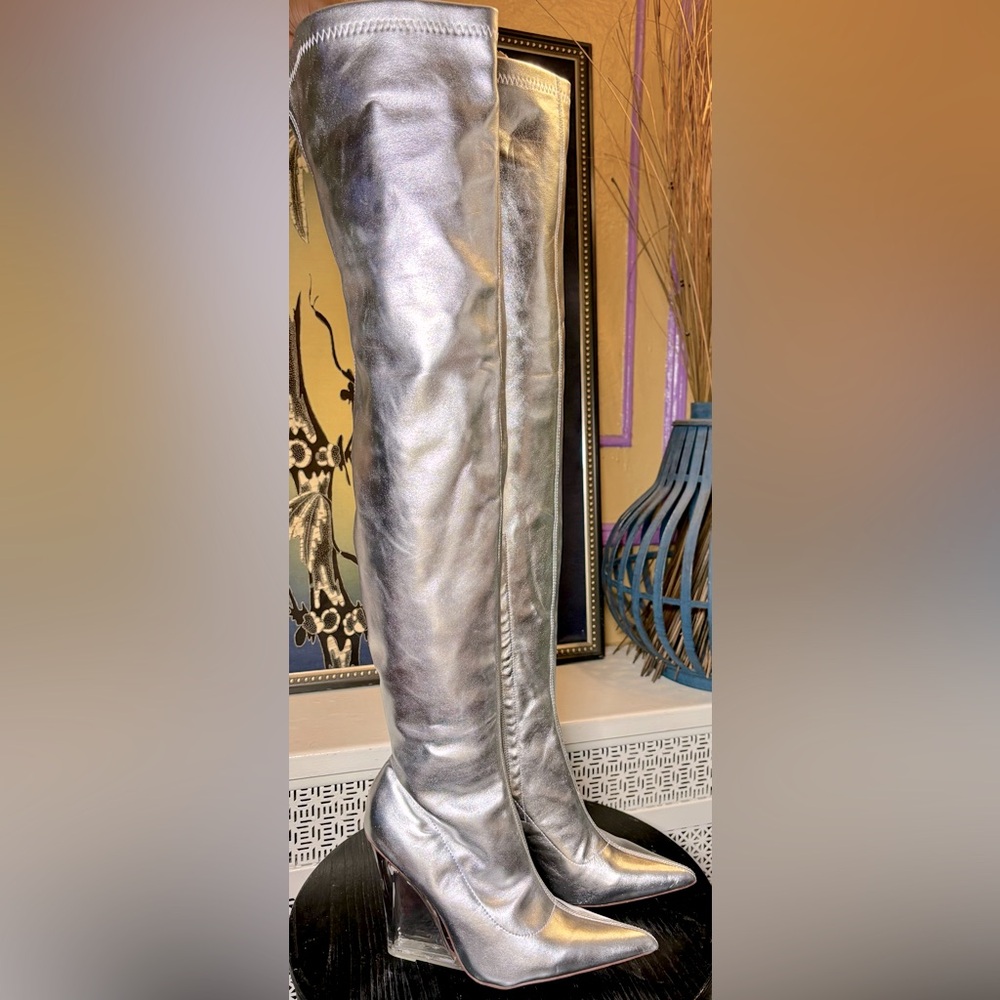 New CHASE & CHLOE Emelie Lucite Wedge Otk Boots - Over the Knee high - No Box